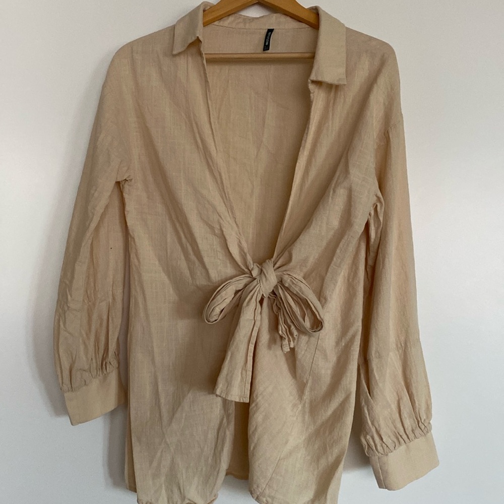 PLT White Fox Cotton Linen Tie Front Blouse Shirt Zara Topshop Bloggers M/8 NWOT